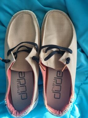 Heydude Canvas Casual Shoes in Beige with Black Laces